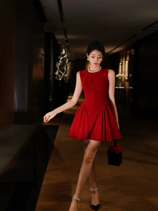 Thirteen and Little French sleeveless dress for women summer round neck diamond temperament burgundy dress velvet skirt