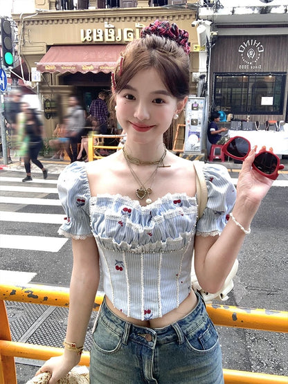 Acaine short square collar puff sleeve embroidered short-sleeved shirt for women in spring Korean style, age-reducing, sweet and slim tops