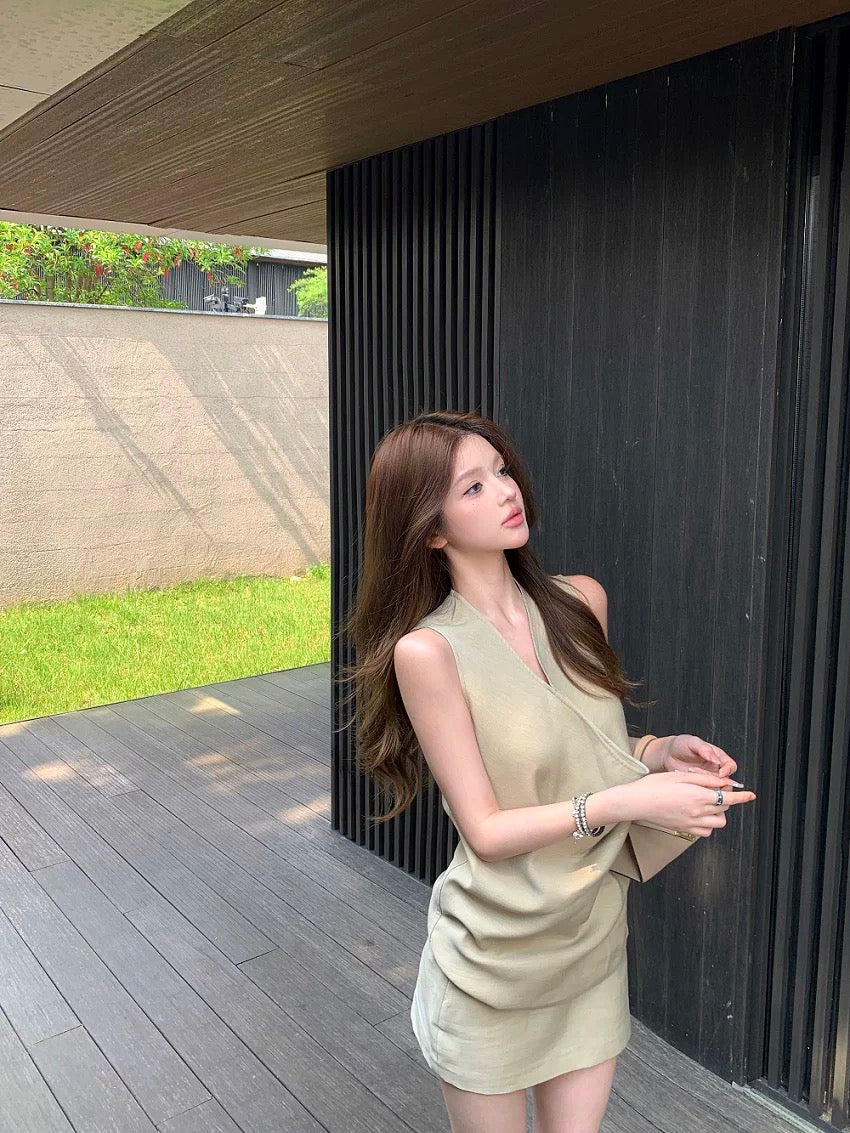 Kumikumi pure desire style suit French style sway collar slim vest female summer solid color hip skirt short skirt two-piece suit