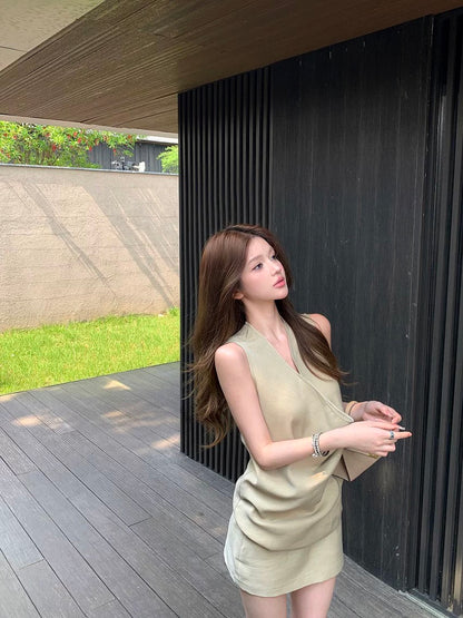 Kumikumi pure desire style suit French style sway collar slim vest female summer solid color hip skirt short skirt two-piece suit