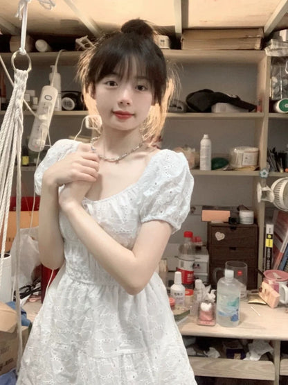 French embroidered white dress for women with square neck and puff sleeves, sweet and pure for small people, waist slimming, short style for summer