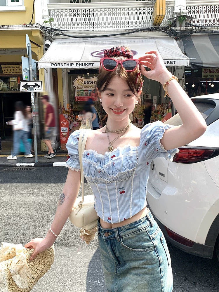 Acaine short square collar puff sleeve embroidered short-sleeved shirt for women in spring Korean style, age-reducing, sweet and slim tops