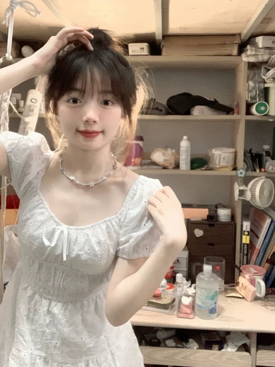 French embroidered white dress for women with square neck and puff sleeves, sweet and pure for small people, waist slimming, short style for summer