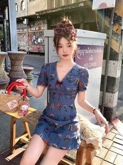 Acaine Flower Girl/Blue Printed V-Neck Short Sleeve Embroidered Denim Dress Spring Slimming Dress