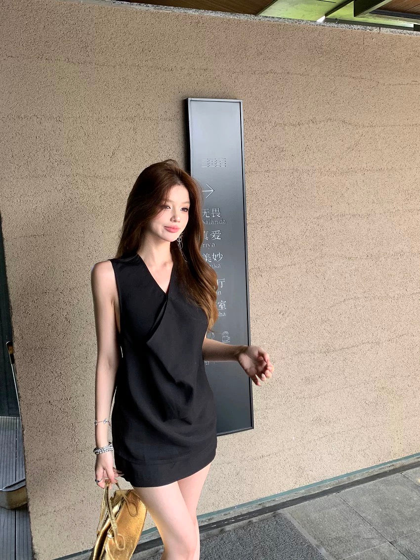 Kumikumi pure desire style suit French style sway collar slim vest female summer solid color hip skirt short skirt two-piece suit