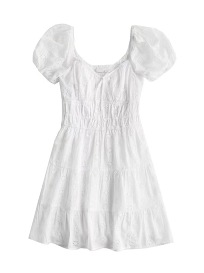 French embroidered white dress for women with square neck and puff sleeves, sweet and pure for small people, waist slimming, short style for summer