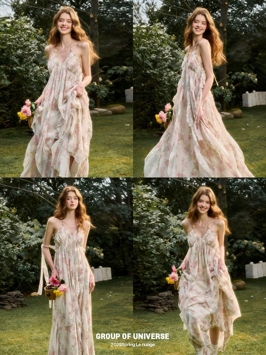 "Long Live the Milky Way" - Flowers from an oil painting; "Fairy Vacation Dress" - Floral Print Long Halter Neck Dress