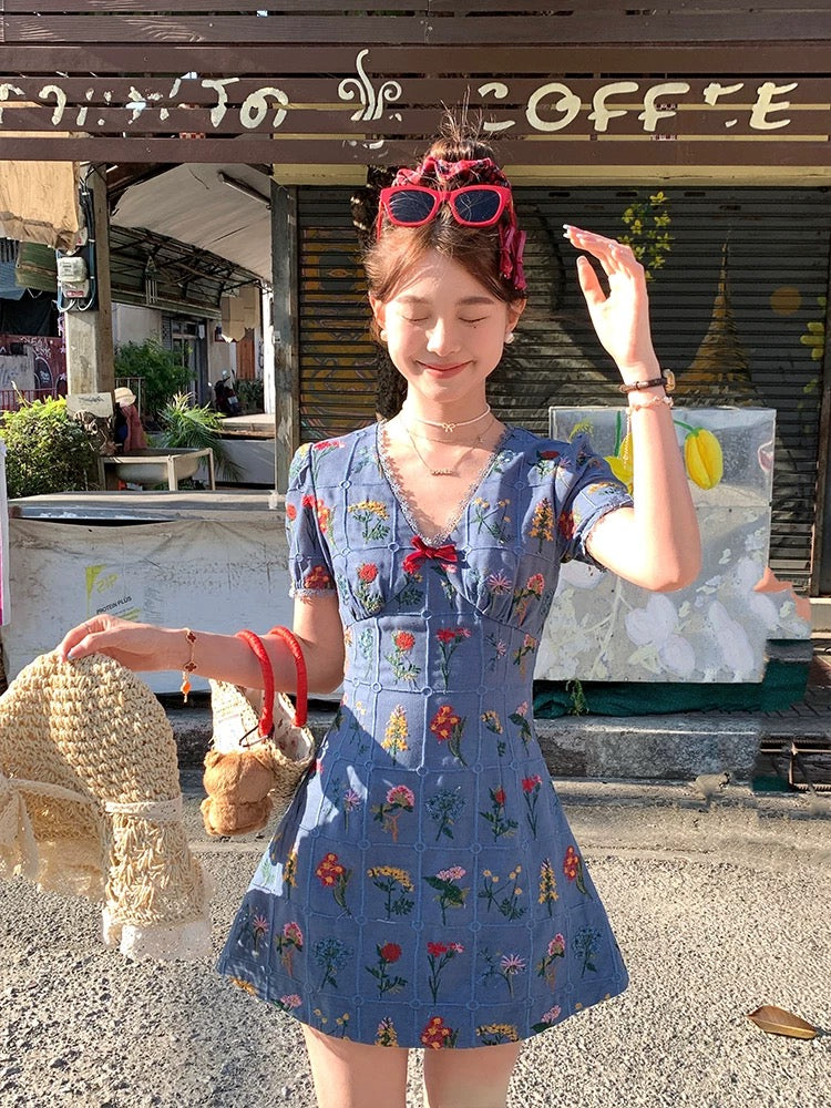 Acaine Flower Girl/Blue Printed V-Neck Short Sleeve Embroidered Denim Dress Spring Slimming Dress