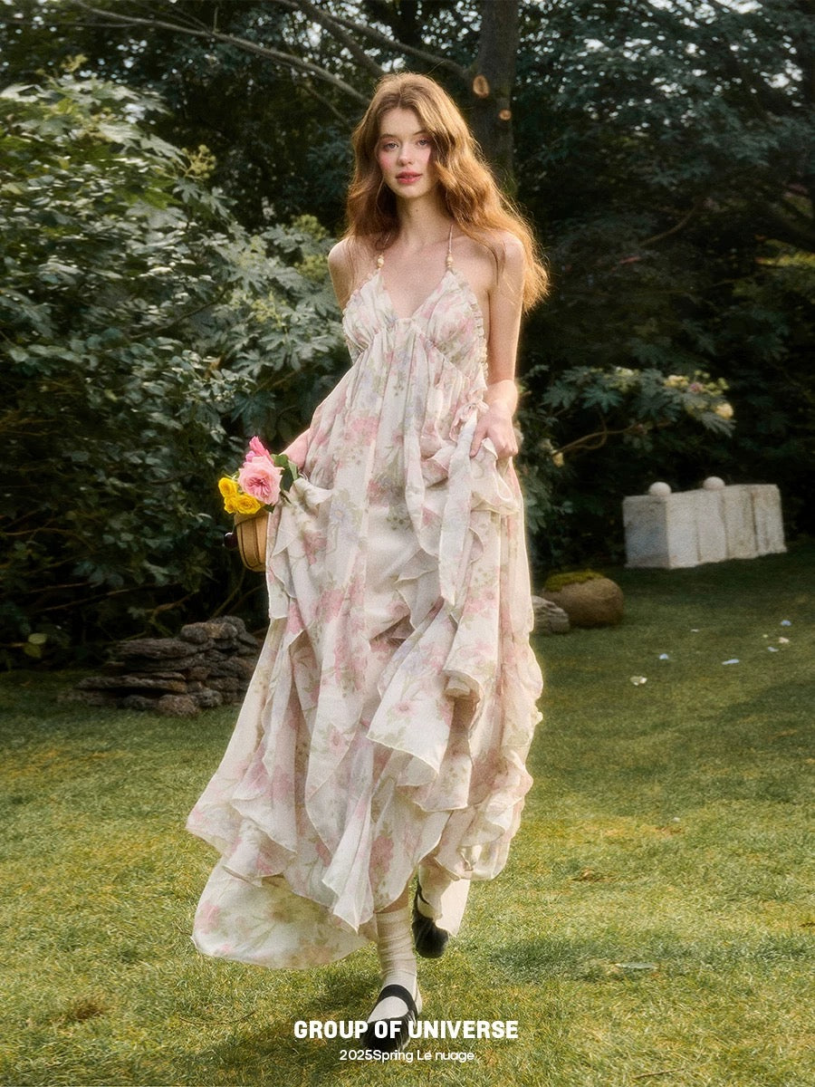 "Long Live the Milky Way" - Flowers from an oil painting; "Fairy Vacation Dress" - Floral Print Long Halter Neck Dress