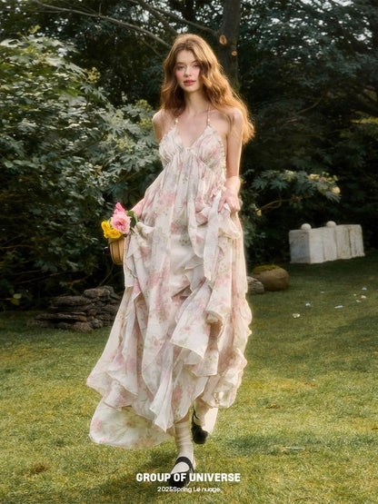 "Long Live the Milky Way" - Flowers from an oil painting; "Fairy Vacation Dress" - Floral Print Long Halter Neck Dress
