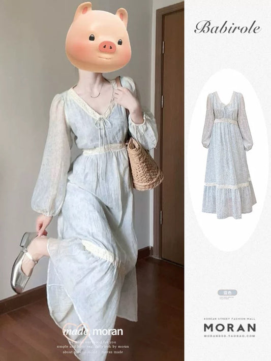 French retro gentle temperament V-neck long-sleeved dress floral fairy long skirt waist slimming high-end early spring