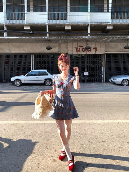 Acaine Flower Girl/Blue Printed V-Neck Short Sleeve Embroidered Denim Dress Spring Slimming Dress