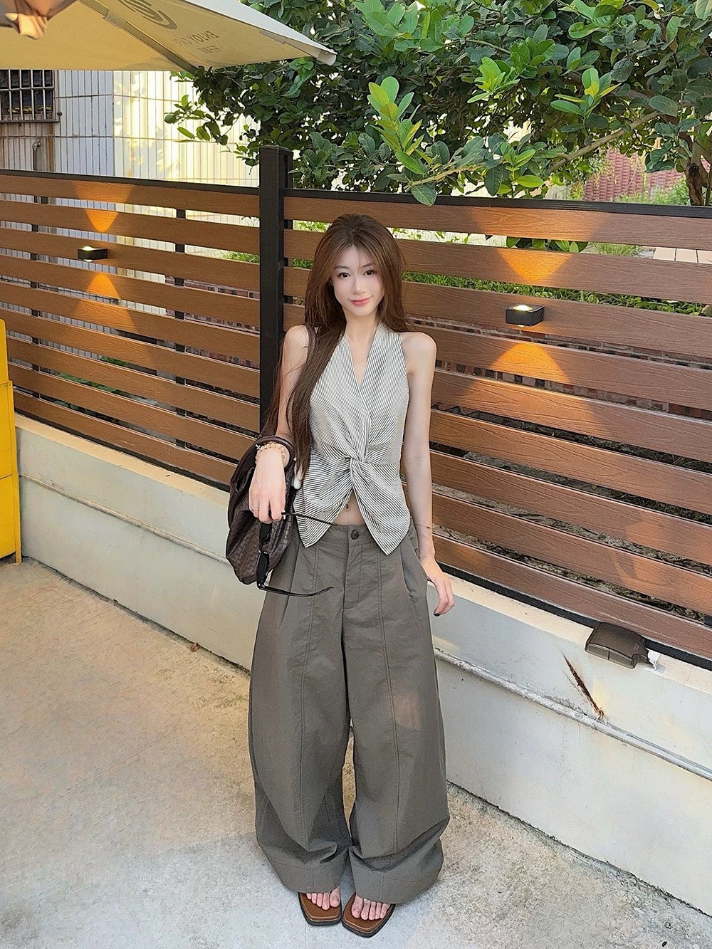 Design striped V-neck halter vest short top women's summer loose casual pants wide-leg trousers two-piece set
