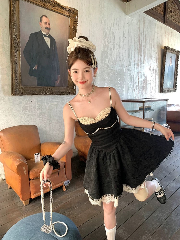 Acaine Mary Sweet Tea/Black mid-length waisted A-line suspender dress female spring French retro skirt