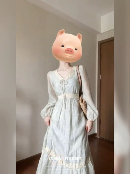 French retro gentle temperament V-neck long-sleeved dress floral fairy long skirt waist slimming high-end early spring