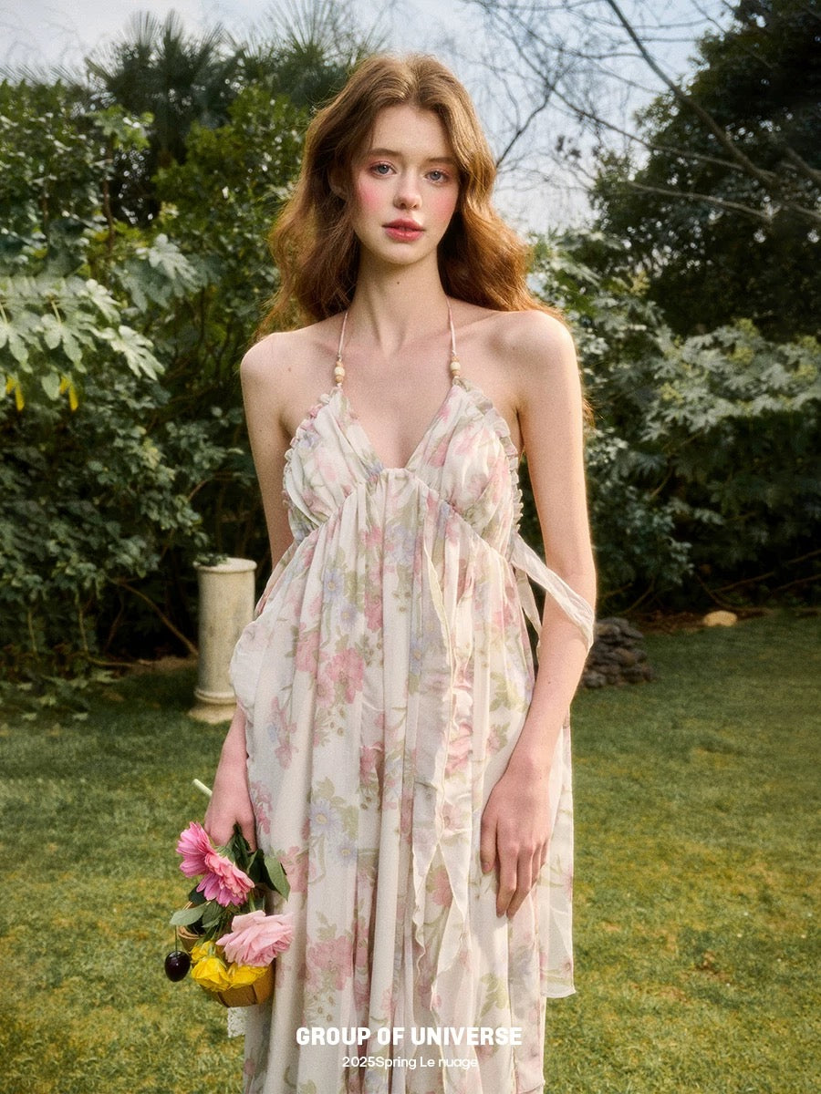 "Long Live the Milky Way" - Flowers from an oil painting; "Fairy Vacation Dress" - Floral Print Long Halter Neck Dress