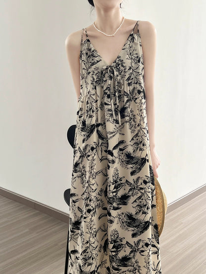 V-neck floral suspender dress women's summer tea break French seaside vacation ink print lazy style long skirt