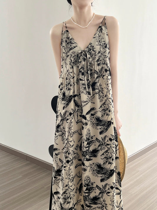 V-neck floral suspender dress women's summer tea break French seaside vacation ink print lazy style long skirt