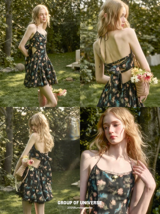 "Long Live the Galaxy" "Green Apple" French Lace Bow "Little Black Vacation Dress" French Print Dress for Women