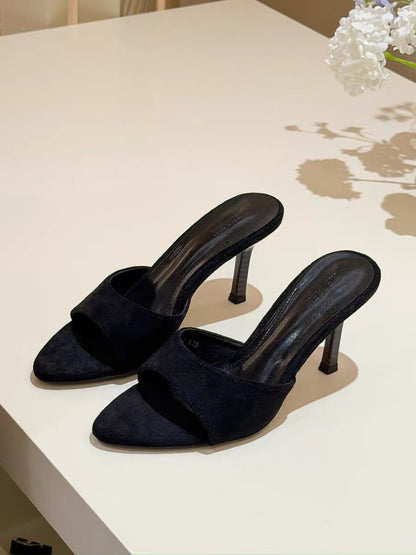 elingstudio Retro Leg-Slimming! Minimalist Suede Strappy Pointed-Toe Stiletto Open-Toe Versatile High-Heeled Sandals
