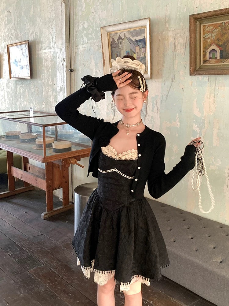 Acaine Mary Sweet Tea/Black mid-length waisted A-line suspender dress female spring French retro skirt