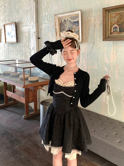 Acaine Mary Sweet Tea/Black mid-length waisted A-line suspender dress female spring French retro skirt