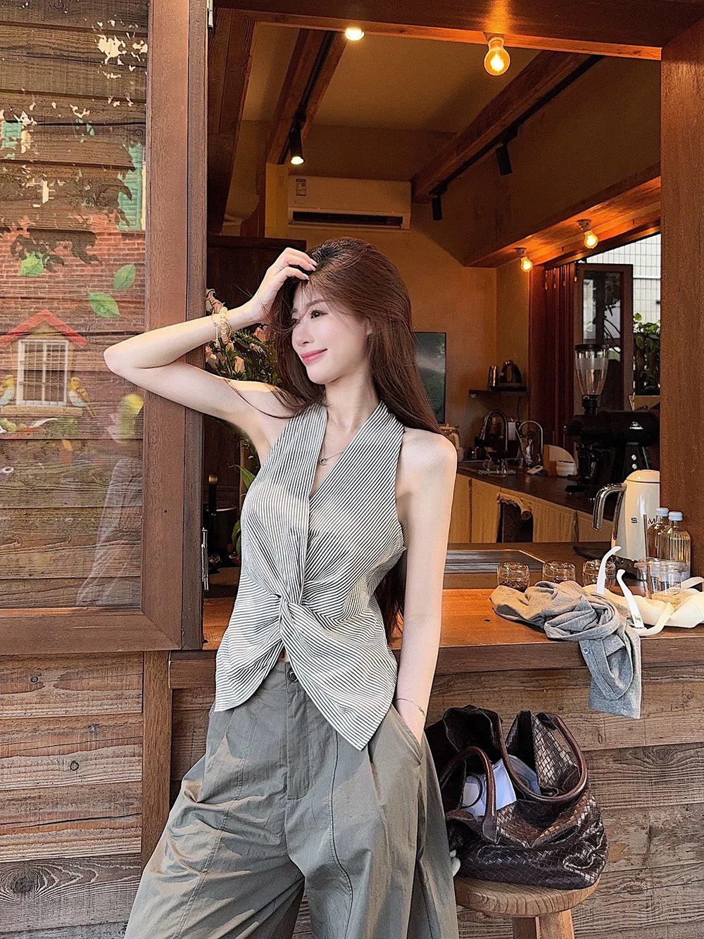 Design striped V-neck halter vest short top women's summer loose casual pants wide-leg trousers two-piece set