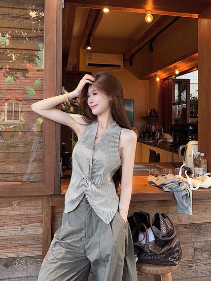 Design striped V-neck halter vest short top women's summer loose casual pants wide-leg trousers two-piece set