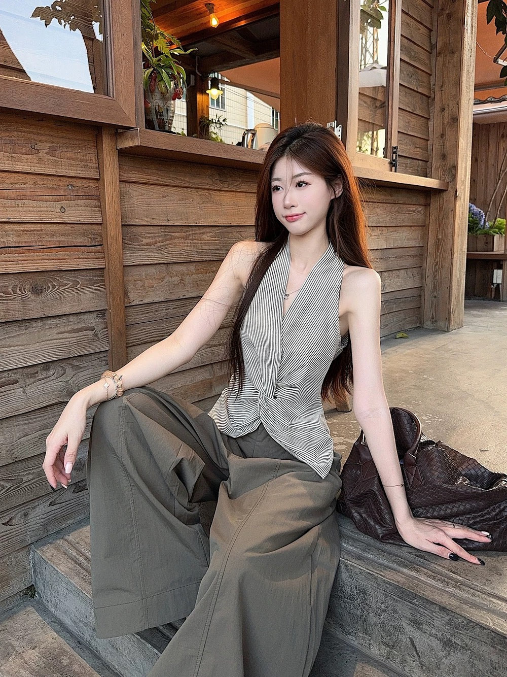 Design striped V-neck halter vest short top women's summer loose casual pants wide-leg trousers two-piece set