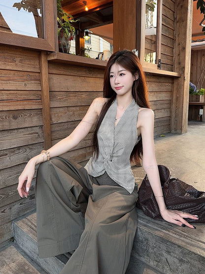 Design striped V-neck halter vest short top women's summer loose casual pants wide-leg trousers two-piece set