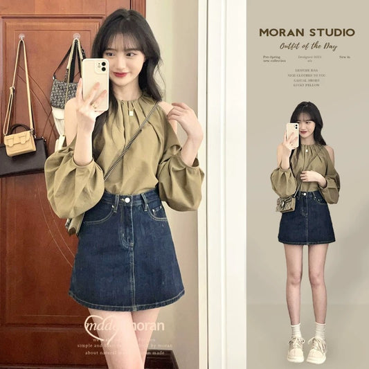 French sweet and spicy style off-shoulder Korean top, light mature suit, shirt, denim short skirt, two-piece set for small people in summer