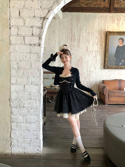 Acaine Mary Sweet Tea/Black mid-length waisted A-line suspender dress female spring French retro skirt