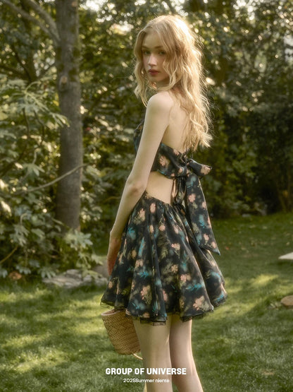 "Long Live the Galaxy" "Green Apple" French Lace Bow "Little Black Vacation Dress" French Print Dress for Women