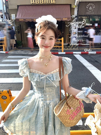Acaine Bubble Milk/Blue Medium-length Square Neck Bubble Sleeve Waist Dress Women's Spring Sweet Dress