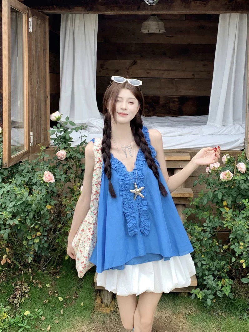Kumikumi sweet suit blue wood ear camisole vest female summer high waist flower bud skirt two-piece suit