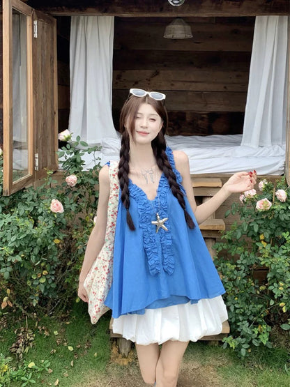Kumikumi sweet suit blue wood ear camisole vest female summer high waist flower bud skirt two-piece suit