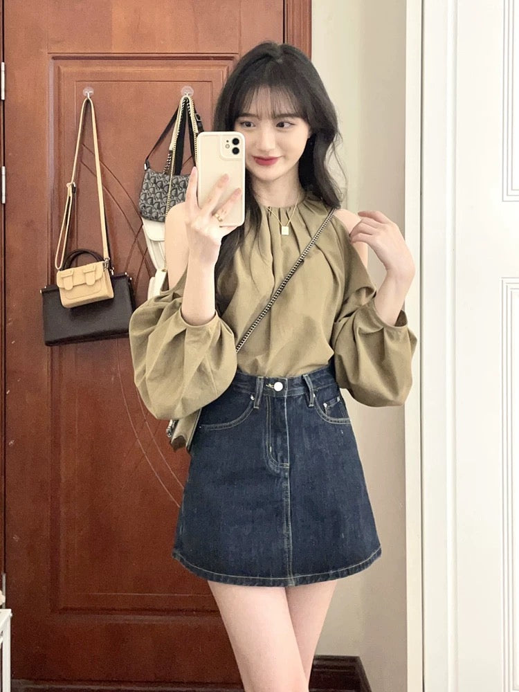 French sweet and spicy style off-shoulder Korean top, light mature suit, shirt, denim short skirt, two-piece set for small people in summer