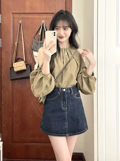 French sweet and spicy style off-shoulder Korean top, light mature suit, shirt, denim short skirt, two-piece set for small people in summer