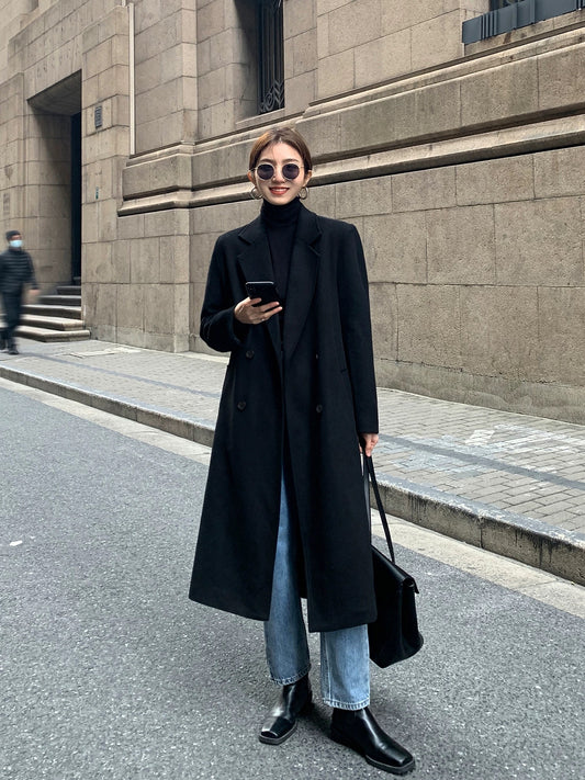 MULVAN black woolen coat for women 2024 autumn and winter double-breasted temperament retro knee-length mid-length woolen coat