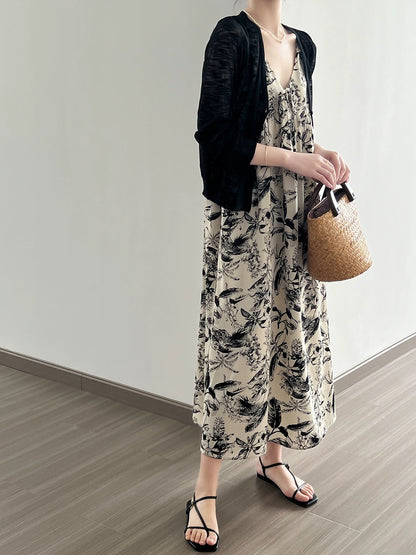 V-neck floral suspender dress women's summer tea break French seaside vacation ink print lazy style long skirt