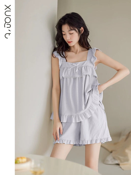 Xuanzhiting Women's Summer Camisole Pajamas, Thin and Sweet Princess Style, Two-Piece Set