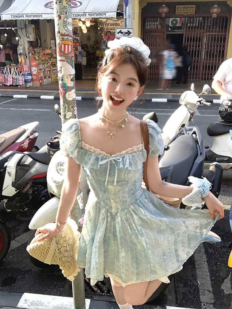 Acaine Bubble Milk/Blue Medium-length Square Neck Bubble Sleeve Waist Dress Women's Spring Sweet Dress