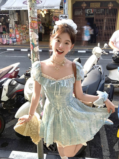 Acaine Bubble Milk/Blue Medium-length Square Neck Bubble Sleeve Waist Dress Women's Spring Sweet Dress