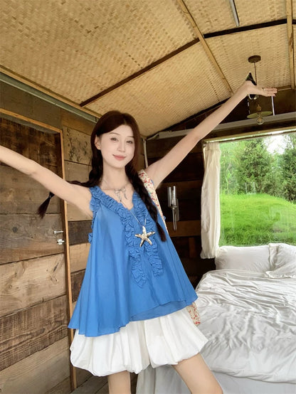 Kumikumi sweet suit blue wood ear camisole vest female summer high waist flower bud skirt two-piece suit