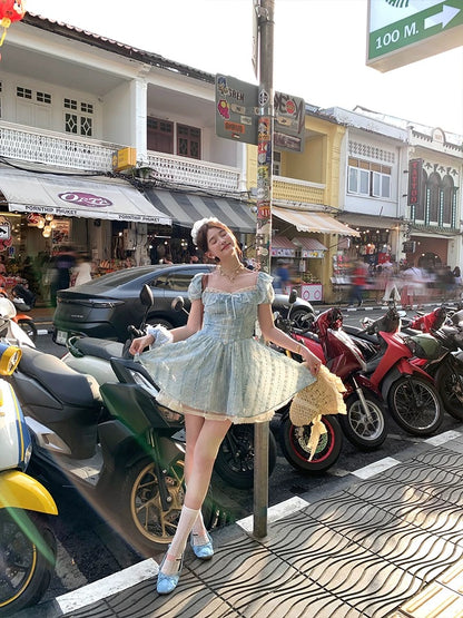 Acaine Bubble Milk/Blue Medium-length Square Neck Bubble Sleeve Waist Dress Women's Spring Sweet Dress