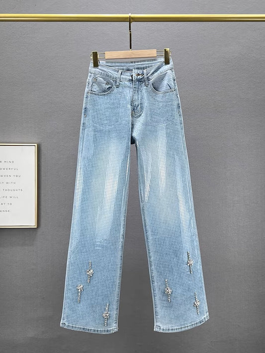 Heavy industry diamond-studded denim wide-leg pants for women thin 2024 spring and summer new high-waisted loose slimming floor-length trousers