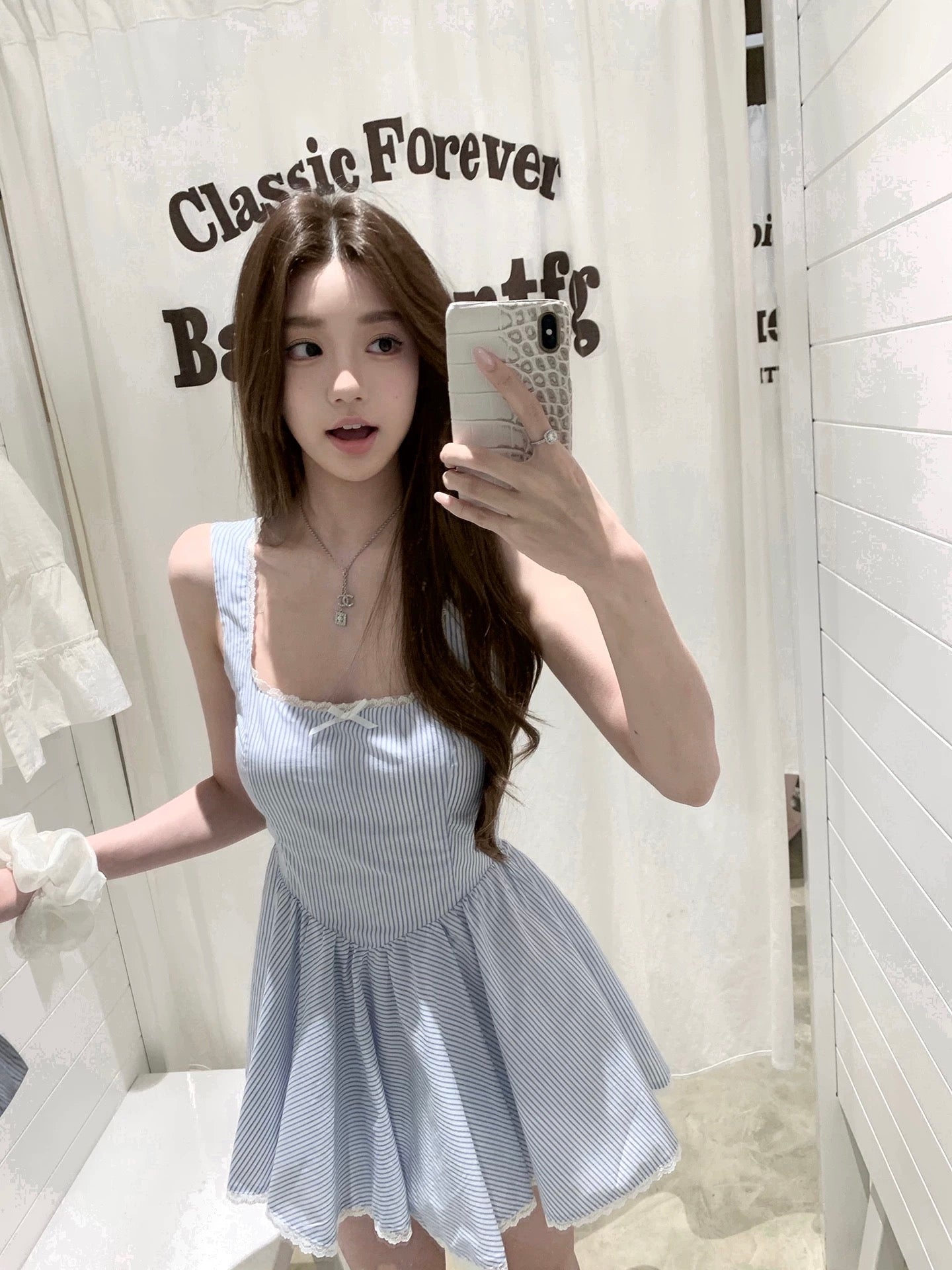 Ruoyu Customized Jiaojiao Girlfriend Blue and White Striped Large U-neck Lace Edge Suspender Dress Pure Temperament Square Neck