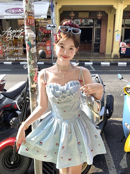 Acaine blue striped mid-length waist suspender a-line dress female spring French sweet style girl skirt