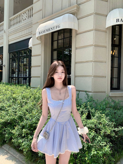 Ruoyu Customized Jiaojiao Girlfriend Blue and White Striped Large U-neck Lace Edge Suspender Dress Pure Temperament Square Neck