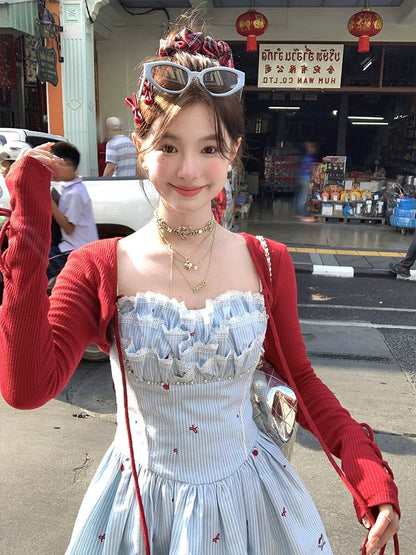 Acaine blue striped mid-length waist suspender a-line dress female spring French sweet style girl skirt